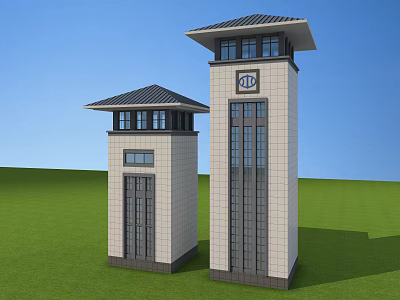 Two Modern Towers With Pavilion Like Roof And Light Colored Facade On Green Lawn 3d model