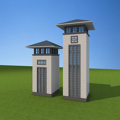 Two Modern Towers With Pavilion Like Roof And Light Colored Facade On Green Lawn 3d model