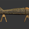 Ancient Egyptian Sarcophagus Sculpture With Intricate Carvings And Painted Details On Wooden Stands