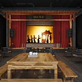Ancient Architecture Themed Traditional Stage With Red Curtains Wooden Structure Plaques And Wooden Chairs
