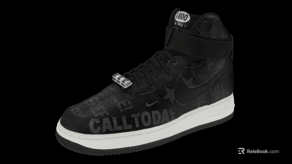 Black High Top Shoes With Nike Logo Metal Buckle CALLTODAY Text And White Sole 3d model 