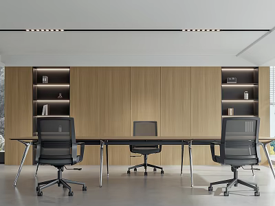 Modern Conference Room Interior With Long Table Black Office Chairs Wooden Wall And Linear Lights 3d model