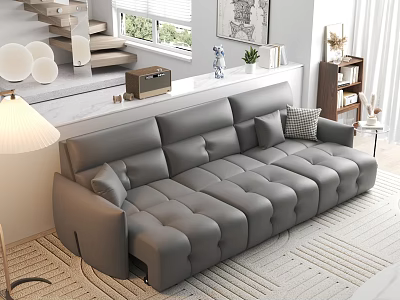 Modern Grey Leather Large Sectional Sofa In Living Room With Rug And Floor Lamp 3d model