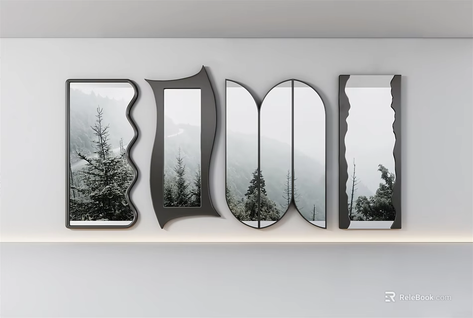 Various Shaped Mirrors On White Wall Reflecting Trees And Mountains For Interior Decor 3d model 