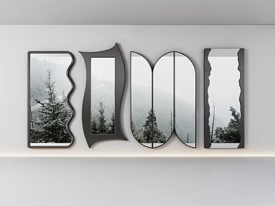 Various Shaped Mirrors On White Wall Reflecting Trees And Mountains For Interior Decor 3d model