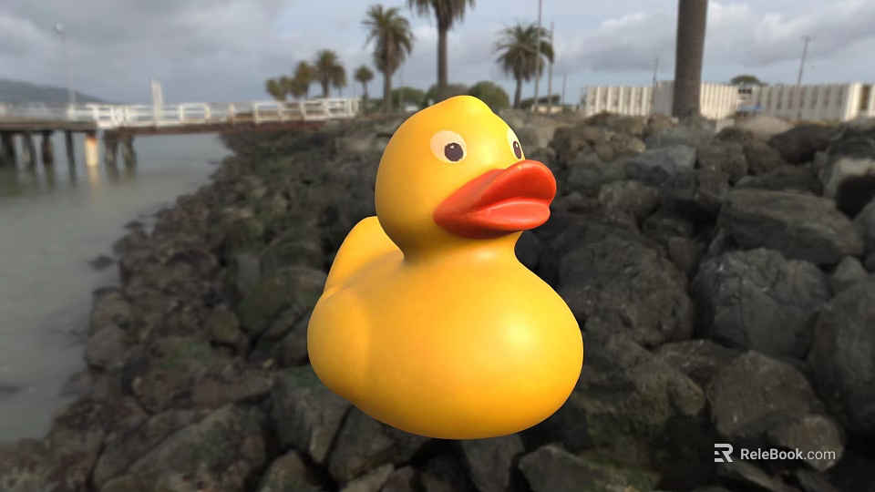 Yellow Rubber Duck on Coastal Rocks with Palm Trees and Bridge View 3d model 