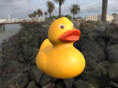 Yellow Rubber Duck on Coastal Rocks with Palm Trees and Bridge View 3d model