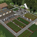 Park Landscape With Garden Beds Seating Areas Bamboo Plants And Wooden Pavilion