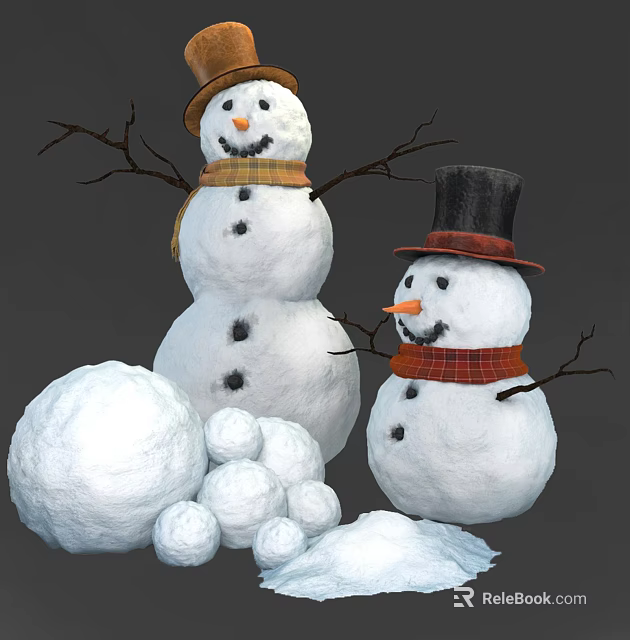 Large And Small Snowmen With Hats Scarves And Pile Of Snowballs 3d model 