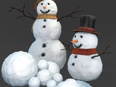 Large And Small Snowmen With Hats Scarves And Pile Of Snowballs 3d model