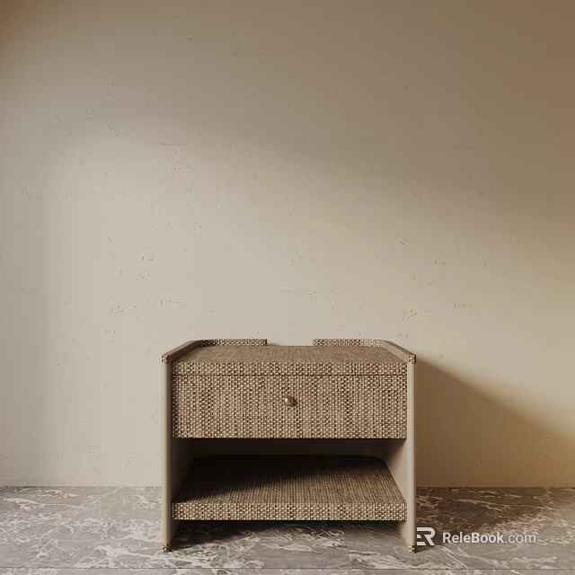 Light Tone Minimalist Bedside Table With Woven Drawer And Wooden Frame 3d model 