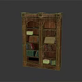 Traditional Wooden Bookcase With Carved Design And Various Colored Books On Shelves