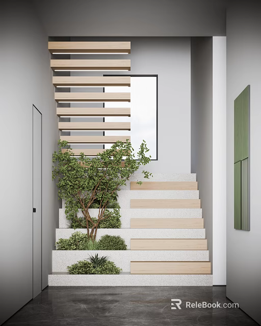 Modern Staircase Interior Design With Wooden Slats Greenery White Steps And Wall Decor 3d model