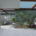 Villa Balcony Featuring Wooden Ceiling Glass Skylight Stone Wall Green Plants And Cozy Lounge Chair