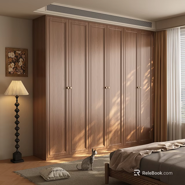 Elegant Modern Wooden Wardrobe With Panel Doors In Bright Bedroom With Natural Light 3d model 