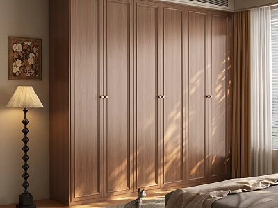 Elegant Modern Wooden Wardrobe With Panel Doors In Bright Bedroom With Natural Light 3d model