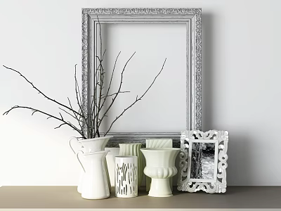Decorative Ornament Set With Ornate Silver Frame White Textured Vases And Dried Branches On Table 3d model