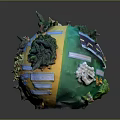 Yellow Decorative Globe Model With Green Plants Blue Labels And Small Ornaments