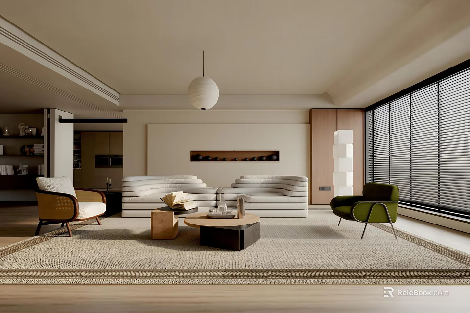 Modern Living Room Interior With Sofa Coffee Table Green Armchair Pendant Light And Area Rug 3d model 