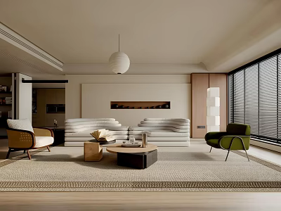 Modern Living Room Interior With Sofa Coffee Table Green Armchair Pendant Light And Area Rug 3d model