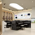 Musical Instrument Store Featuring White Piano Guitars And Modern Wooden Display Interior Design