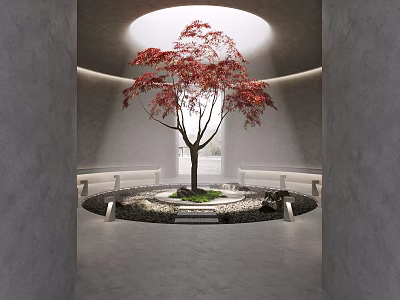 Modern Indoor Garden Feature With Red Maple Tree Circular Skylight Stone Pebbles and Benches 3d model