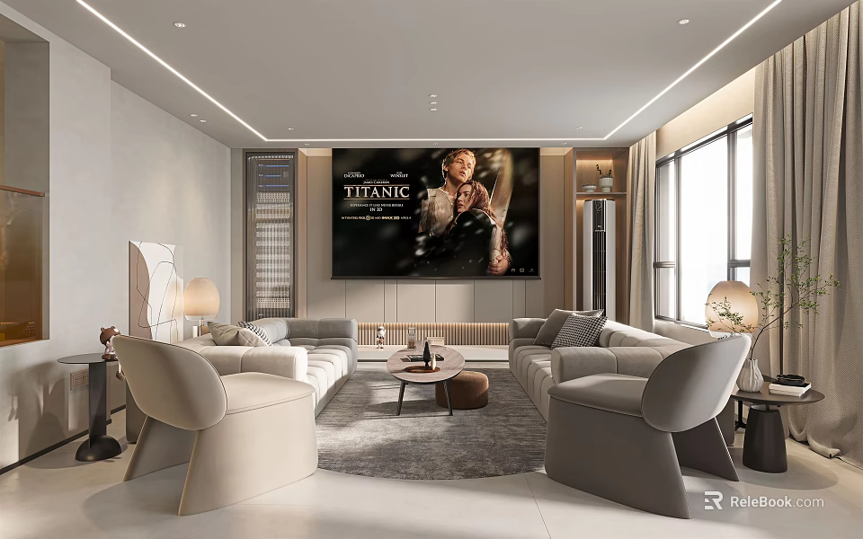 Modern Home Theater Interior With Large Screen TV Comfortable Sofas And Movie Playing 3d model