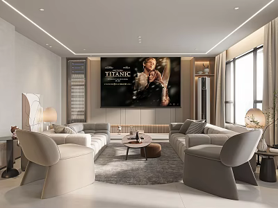 Modern Home Theater Interior With Large Screen TV Comfortable Sofas And Movie Playing 3d model