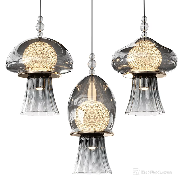 Modern Jellyfish Shaped Glass Pendant Lights With Transparent Gray Shades And Illuminated Inner Bulbs 3d model 