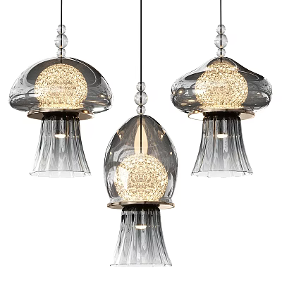 Modern Jellyfish Shaped Glass Pendant Lights With Transparent Gray Shades And Illuminated Inner Bulbs 3d model