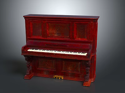 Vintage Red Upright Piano with Ornate Carved Wooden Body and Classic Keys 3d model