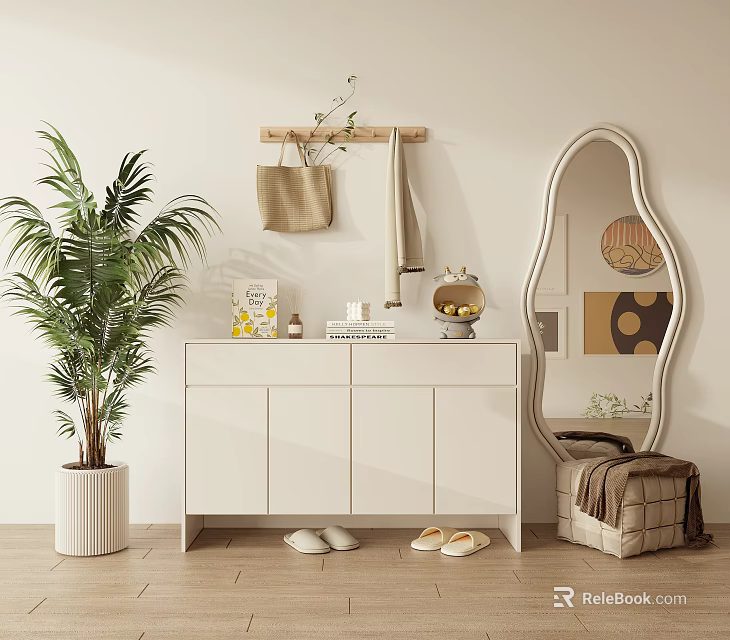 Modern White Shoe Cabinet With Hanging Rack Decorative Items Green Plant And Mirror 3d model 