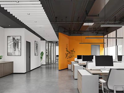 Modern Public Office Space With Orange Wall Green Plants Desks Computers Office Chairs 3d model