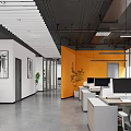 Modern Public Office Space With Orange Wall Green Plants Desks Computers Office Chairs