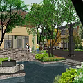 Commercial Landscape Design Featuring Modern Buildings Lush Greenery Water Pond And Stone Paths