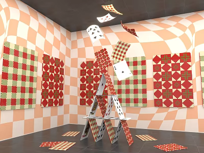 Art Installation With Checkered Walls Stacked Card Structure Red Green Patterns And Floating Playing Cards 3d model