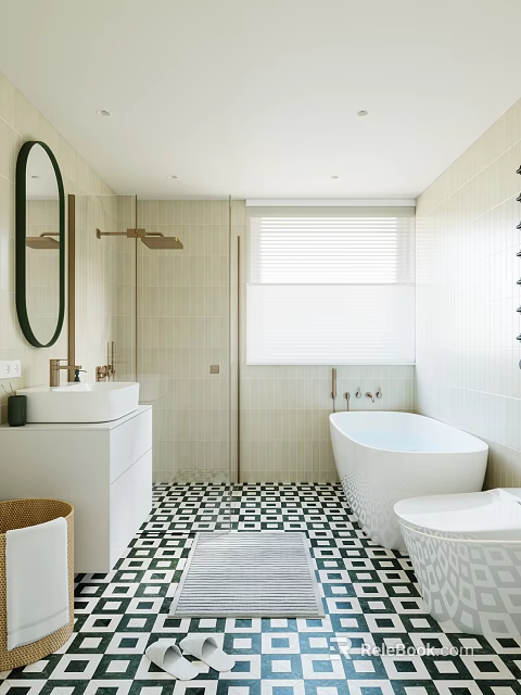 Modern Bathroom Interior With Freestanding Bathtub White Vanity And Checkered Tile Floor 3d model 