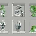 Unique Sculptural Ornament Combinations With Green Purple Glass In Display Cases