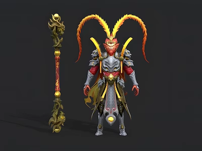 Man In Silver And Red Armor With Golden Horns Holding Decorative Staff 3d model