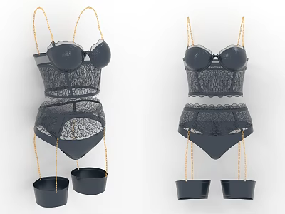 Women's Black Lace Lingerie Set With Sheer Mesh Design And Gold Straps 3d model