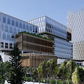 Modern High Rise Office Buildings With Central Plaza And Greenery In Urban Area