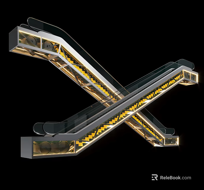 Modern Illuminated Crossing Escalator with Bright Yellow Lights and Sleek Design 3d model 