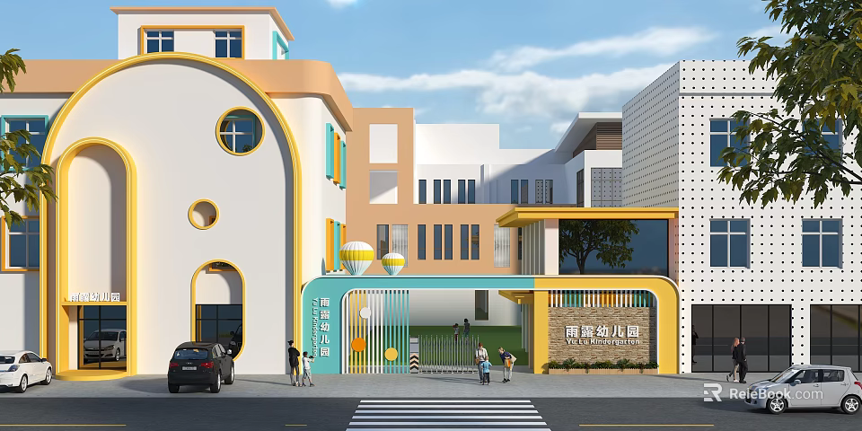 Cheerful Colorful Kindergarten Entrance Gate with Balloons and Kids Near Building 3d model 