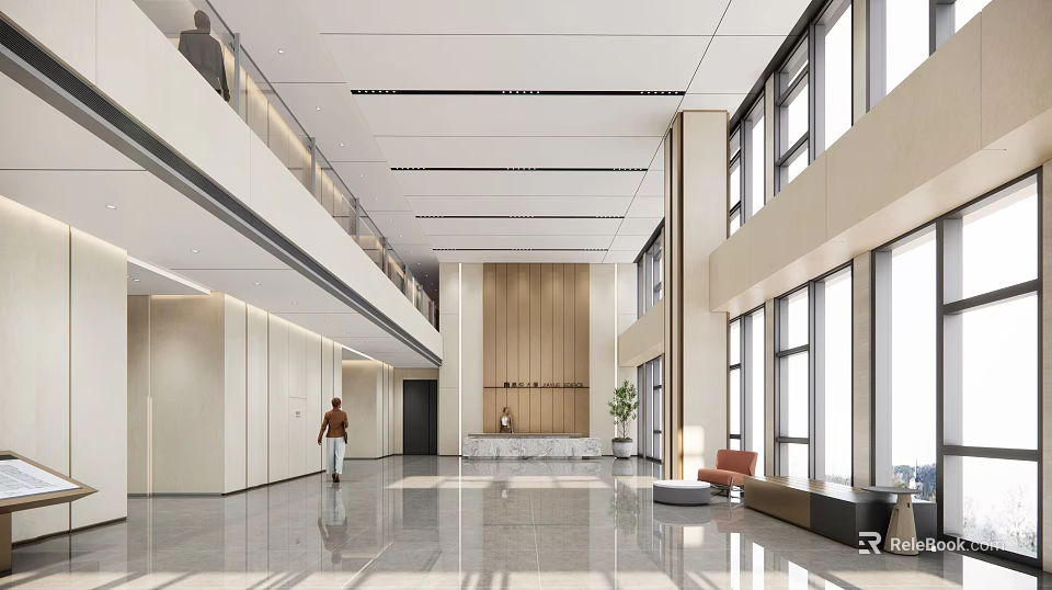 Modern Spacious Hotel Lobby Interior With Large Windows Reception Desk And Sofa Seating 3d model