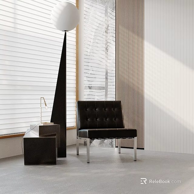 Modern Interior Scene With Black Leather Chair Side Table And Window Blinds 3d model 