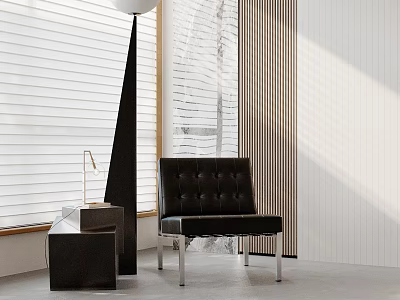 Modern Interior Scene With Black Leather Chair Side Table And Window Blinds 3d model