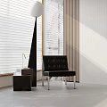 Modern Interior Scene With Black Leather Chair Side Table And Window Blinds