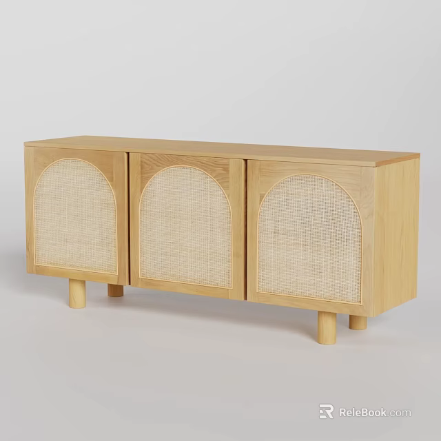 Light Wood TV Stand With Three Arched Woven Panel Doors And Short Legs 3d model 