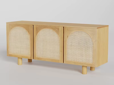 Light Wood TV Stand With Three Arched Woven Panel Doors And Short Legs 3d model