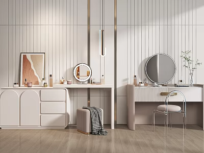Elegant Modern Dressing Table Interior With Round Mirror Drawers Wall Paneling And Decor 3d model